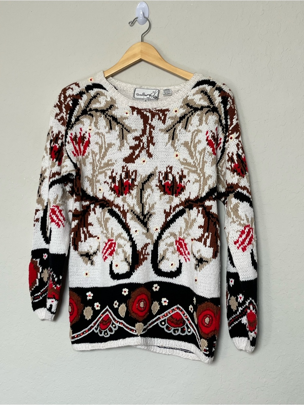 Vintage 1988 Needleworks Hand Knit Beaded Floral Sweater Ramie Cotton 1980s 80s